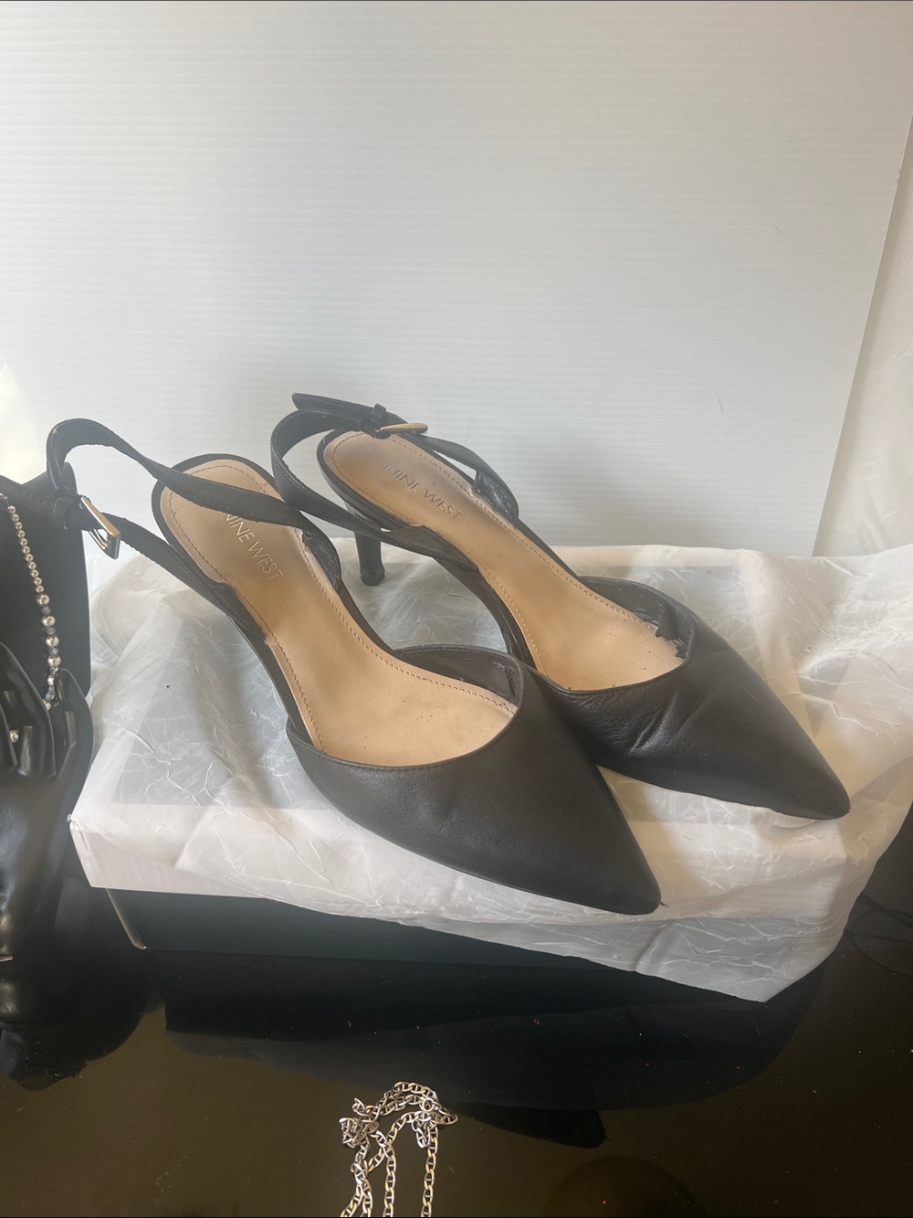 Nine West Black Pointed Toe Slingback Heels
